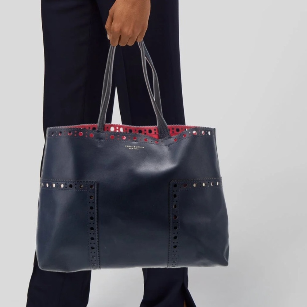 Tory Burch Block T Brogue Leather Tote Blue - Picture 2 of 12